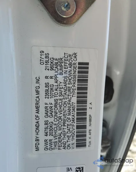 2019 Honda Accord Sport из США, поврежденный, VIN 1HGCV1F34KA134577